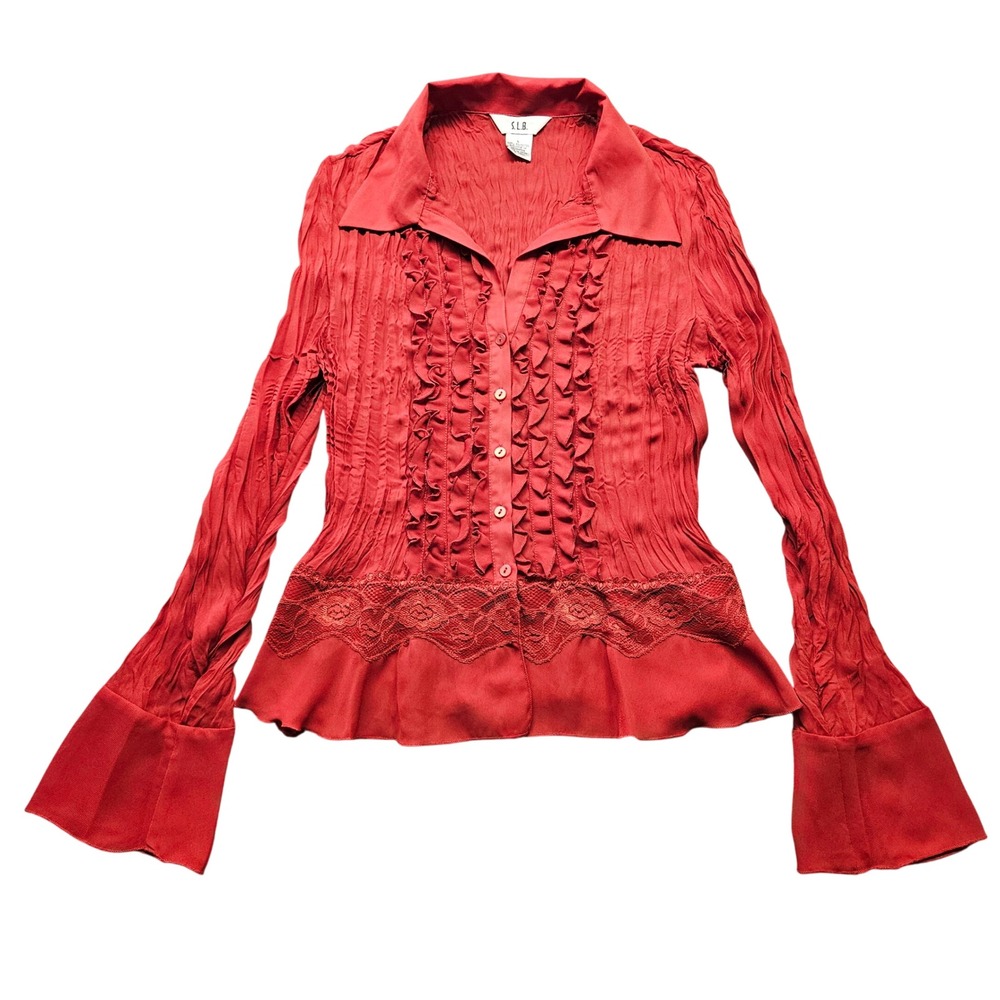 S.L.B. Red Crinkle Ruffle Lace Trim Button Down Blouse Bell Sleeve Top Large Y2K